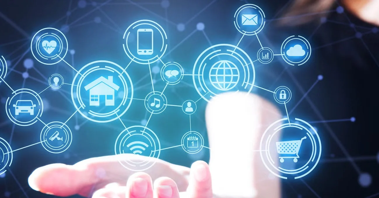 woman holding out hand with CGI finance icons